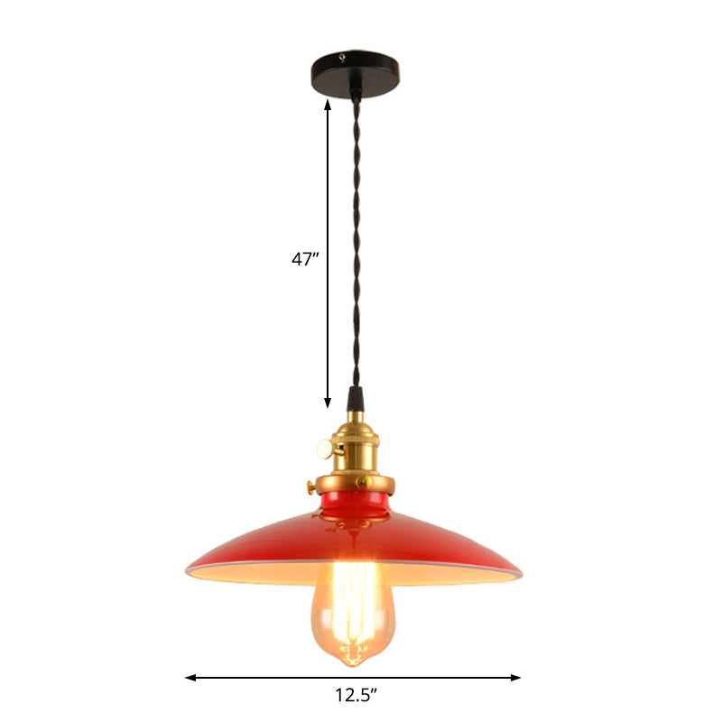 Industrial Style Bowl Pendant Lamp 10"/12.5" Wide - 1 Light Metal Hanging Light in Black/White/Red