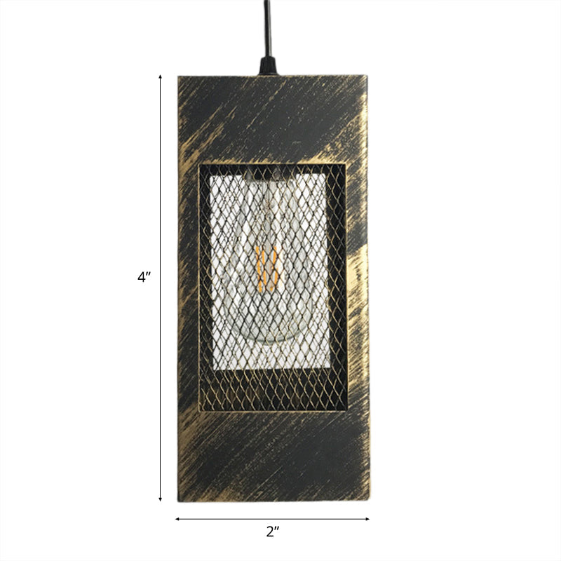 Rustic Metal Rectangle Pendant Light - 1 Bedroom Hanging Lamp With Mesh Shade In Aged