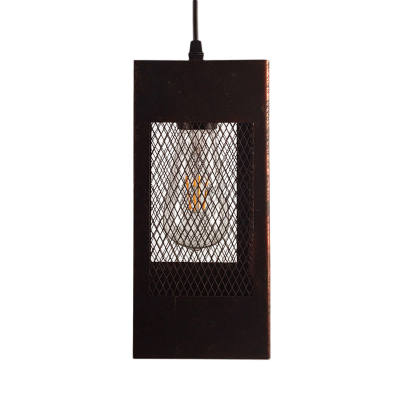 Rustic Metal Rectangle Pendant Light - 1 Bedroom Hanging Lamp With Mesh Shade In Aged