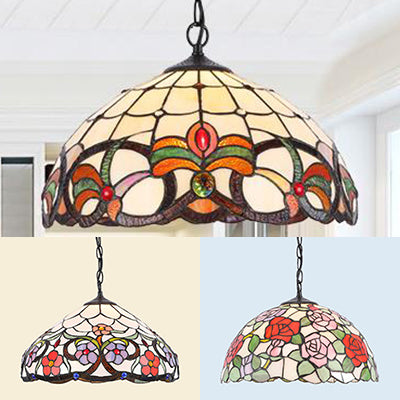 Stained Glass Rustic Tiffany Pendant Light: Multi Color Flower Hanging Light in Black Finish