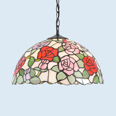 Stained Glass Tiffany Pendant Light: Multicolor Flower Design | Rustic Hanging Lamp Black Finish / B