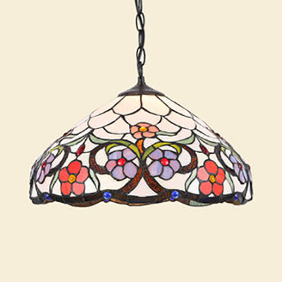 Stained Glass Rustic Tiffany Pendant Light: Multi Color Flower Hanging Light in Black Finish