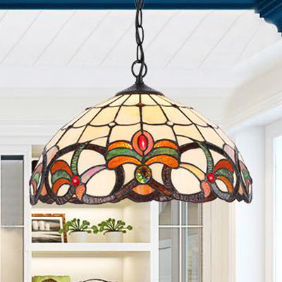 Stained Glass Rustic Tiffany Pendant Light: Multi Color Flower Hanging Light in Black Finish