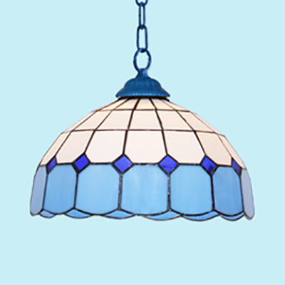 Mediterranean Dome Stained Art Glass Pendant Light in White/Blue/Bronze