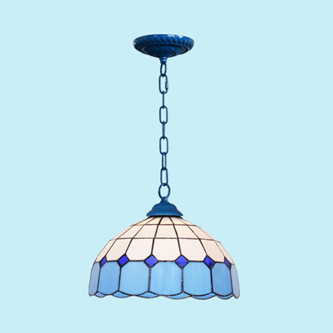 Mediterranean Dome Stained Art Glass Pendant Light in White/Blue/Bronze