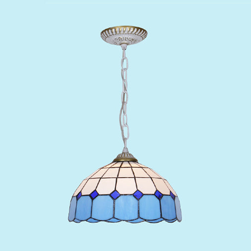 Mediterranean Dome Hanging Light - Stained Glass Pendant Fixture (1 Bulb) In White/Blue/Bronze White