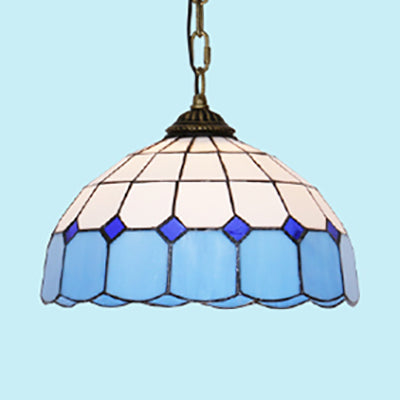 Mediterranean Dome Stained Art Glass Pendant Light in White/Blue/Bronze