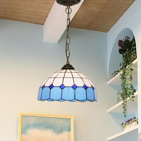 Mediterranean Dome Hanging Light - Stained Glass Pendant Fixture (1 Bulb) In White/Blue/Bronze