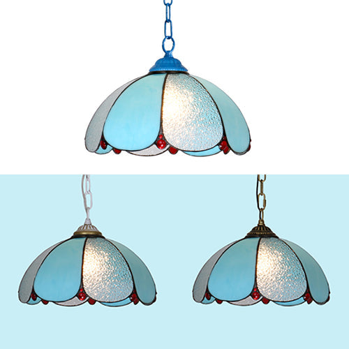 Mediterranean Wide Flare Pendant Lamp – Cut Glass, 1 Head, Adjustable Chain – White/Blue/Bronze Hanging Light Fixture