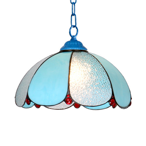 Mediterranean Wide Flare Pendant Lamp – Cut Glass, 1 Head, Adjustable Chain – White/Blue/Bronze Hanging Light Fixture