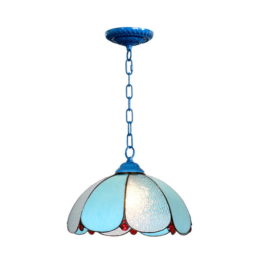 Mediterranean Wide Flare Pendant Lamp – Cut Glass, 1 Head, Adjustable Chain – White/Blue/Bronze Hanging Light Fixture