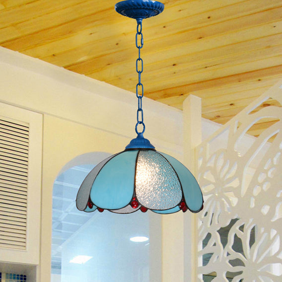 Mediterranean Wide Flare Pendant Lamp – Cut Glass, 1 Head, Adjustable Chain – White/Blue/Bronze Hanging Light Fixture