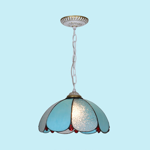 Mediterranean Wide Flare Pendant Lamp – Cut Glass, 1 Head, Adjustable Chain – White/Blue/Bronze Hanging Light Fixture