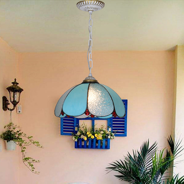 Mediterranean Cut Glass Pendant Lamp With Adjustable Metal Chain - Wide Flare White/Blue/Bronze 1