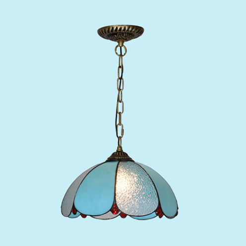 Mediterranean Wide Flare Pendant Lamp – Cut Glass, 1 Head, Adjustable Chain – White/Blue/Bronze Hanging Light Fixture