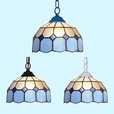 Baroque Stained Glass Ceiling Light Fixture in Black/White/Blue for Dining Room - 1 Head Suspension