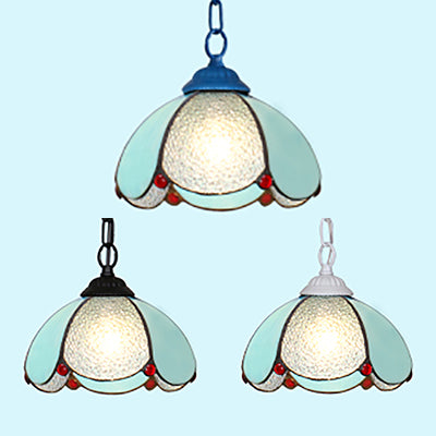 Stylish Black/White/Blue Mediterranean Stained Glass Hanging Ceiling Light - 1 Bulb Down Lighting