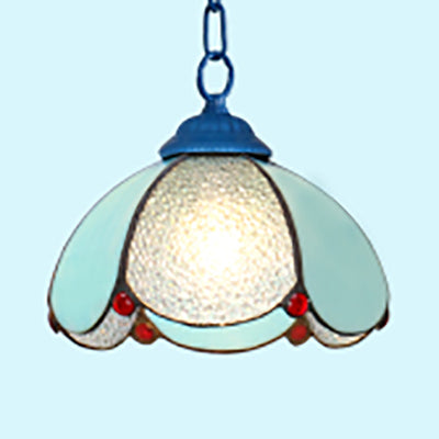 Mediterranean Stained Glass Flared Hanging Ceiling Light - 1 Bulb Down Lighting Black/White/Blue