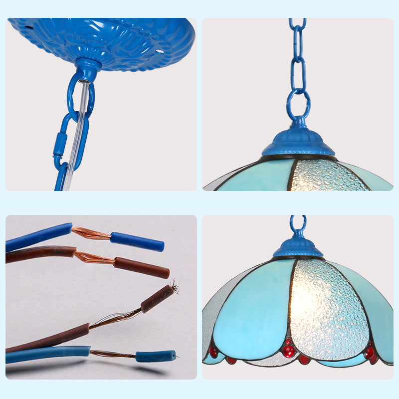 Mediterranean Stained Glass Flared Hanging Ceiling Light - 1 Bulb Down Lighting Black/White/Blue