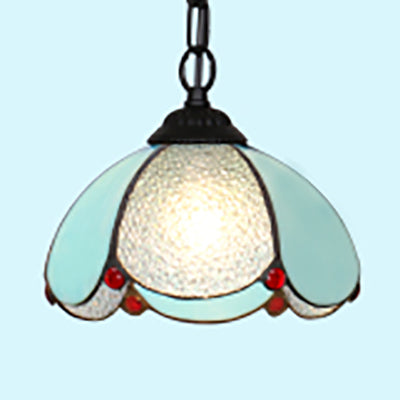 Mediterranean Stained Glass Flared Hanging Ceiling Light - 1 Bulb Down Lighting Black/White/Blue