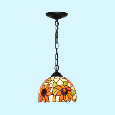 Stunning Tiffany Black/Blue Living Room Ceiling Light - Elegant Suspended Lighting Fixture with Dome Stained Glass Shade