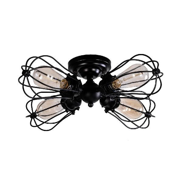 Vintage Style Bulb Shaped Iron Ceiling Light with Wire Guard | Semi Flush Mount | 3/4/5 Lights | Black/Silver