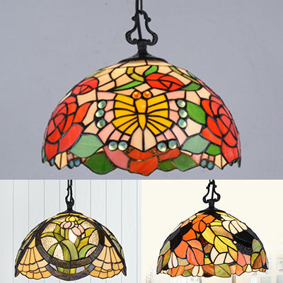 Modern Stained Glass Tiffany Suspension Lamp - Black, Shell, Leaf, Butterfly Design - Ideal for Dining Room - 1 Bulb Ceiling Light