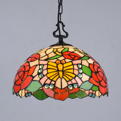 Modern Stained Glass Tiffany Suspension Lamp - Black, Shell, Leaf, Butterfly Design - Ideal for Dining Room - 1 Bulb Ceiling Light