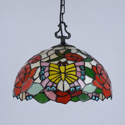 Modern Stained Glass Tiffany Suspension Lamp - Black, Shell, Leaf, Butterfly Design - Ideal for Dining Room - 1 Bulb Ceiling Light