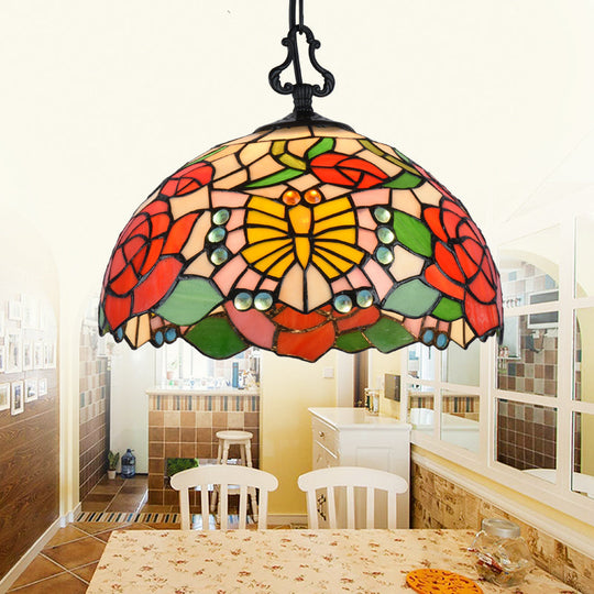 Modern Stained Glass Tiffany Suspension Lamp - Black, Shell, Leaf, Butterfly Design - Ideal for Dining Room - 1 Bulb Ceiling Light