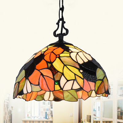 Stained Glass Suspension Lamp With Tiffany Shell Leaf And Butterfly Design - Perfect For Dining Room