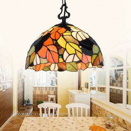 Modern Stained Glass Tiffany Suspension Lamp - Black, Shell, Leaf, Butterfly Design - Ideal for Dining Room - 1 Bulb Ceiling Light