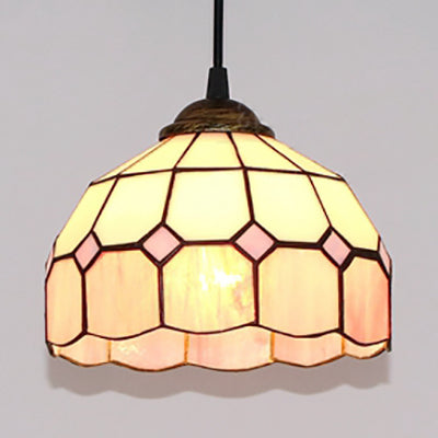 Pink/Blue/Orange Stained Glass Hemisphere Pendant Light - Tiffany-Style Suspension Lamp