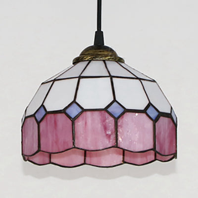 Pink/Blue/Orange Stained Glass Hemisphere Pendant Light - Tiffany-Style Suspension Lamp