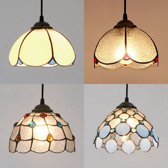 Handcrafted Tiffany-Style Art Glass Ceiling Light with White/Blue Textured Flare Design - 1 Head Suspended Fixture