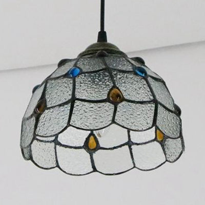 Handcrafted Tiffany-Style Art Glass Ceiling Light with White/Blue Textured Flare Design - 1 Head Suspended Fixture