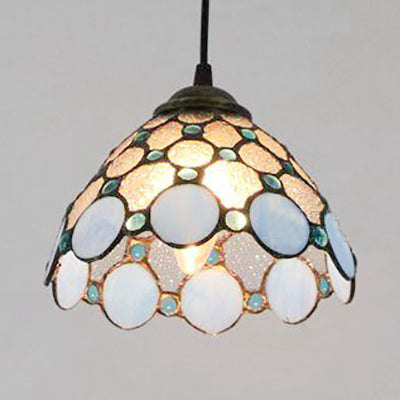 Handcrafted Tiffany-Style Art Glass Ceiling Light with White/Blue Textured Flare Design - 1 Head Suspended Fixture