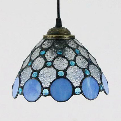 Handcrafted Tiffany-Style Art Glass Ceiling Light with White/Blue Textured Flare Design - 1 Head Suspended Fixture