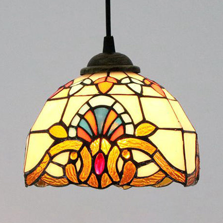 Baroque Style Stained Glass Dome Pendant Light With Hanging Cord - Single Yellow