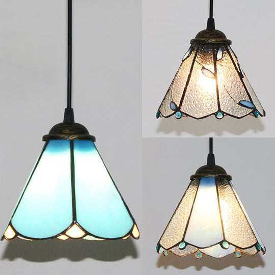 Blue & Clear Glass Tiffany Conical Pendant Light - Dining Room Ceiling Suspension Lamp