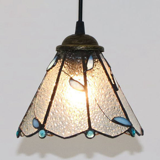 Blue & Clear Glass Tiffany Conical Pendant Light - Dining Room Ceiling Suspension Lamp