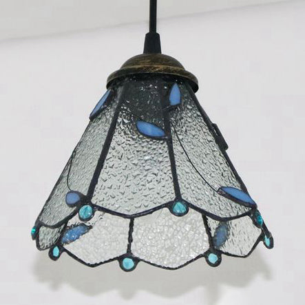 Blue & Clear Glass Tiffany Conical Pendant Light - Dining Room Ceiling Suspension Lamp