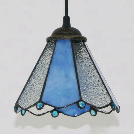 Tiffany Conical Hanging Lamp: Blue & Clear Cut Glass Suspension Light For Dining Room Blue-Clear