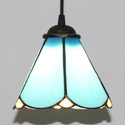 Blue & Clear Glass Tiffany Conical Pendant Light - Dining Room Ceiling Suspension Lamp