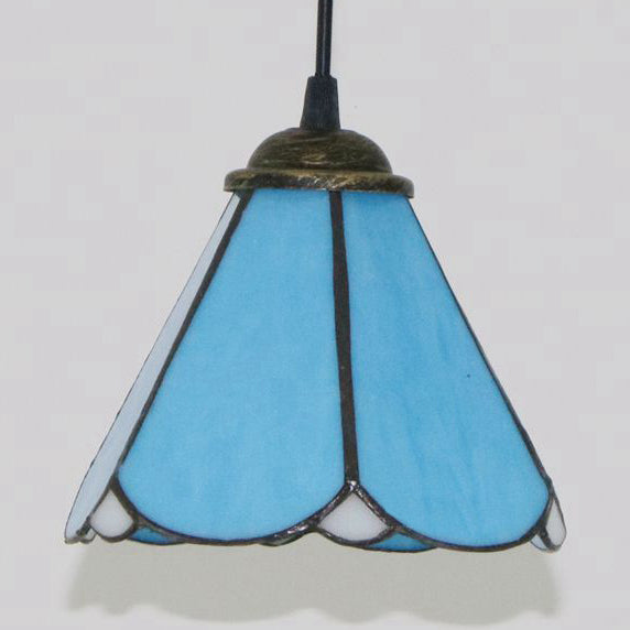 Blue & Clear Glass Tiffany Conical Pendant Light - Dining Room Ceiling Suspension Lamp