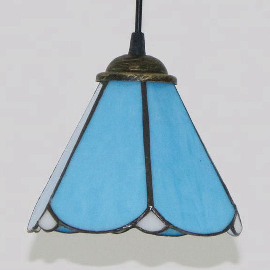 Tiffany Conical Hanging Lamp: Blue & Clear Cut Glass Suspension Light For Dining Room