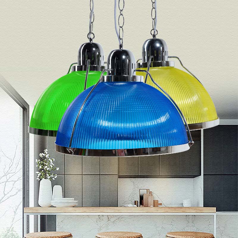 Industrial Ribbed Dome Pendant Lamp in White/Red/Yellow - Acrylic and Metal