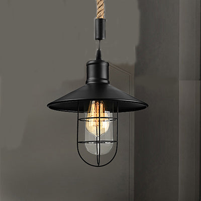 Black Farmhouse Pendant Light With Flared Metal Shade Wire Frame And Rope Cord