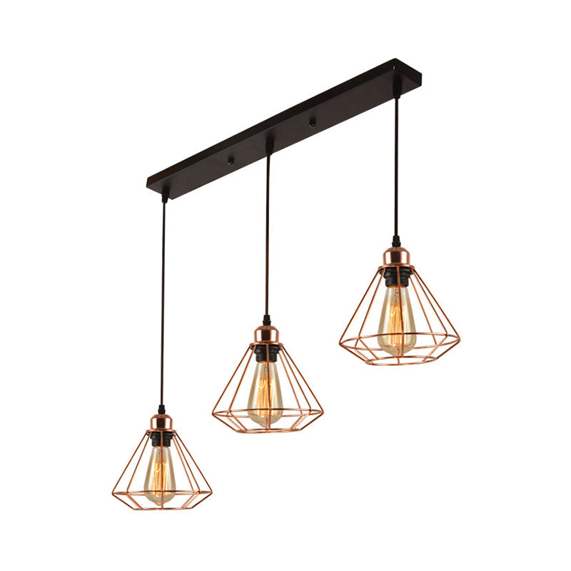 Loft Style Copper Diamond Caged Pendant Lamp - 3 Lights, Black Finish