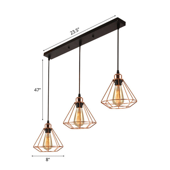 Loft Style Copper Diamond Caged Pendant Lamp - 3 Lights, Black Finish